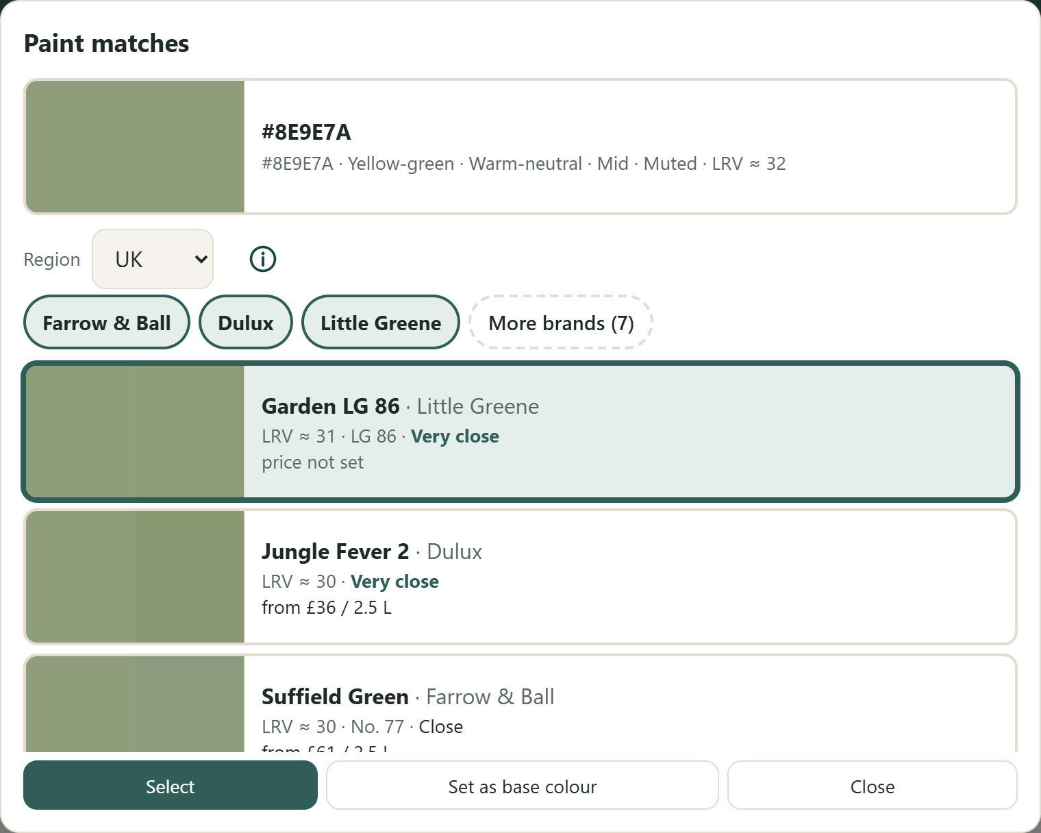 The Paint matches dialog for a green from the colour wheel, with region set to UK and brand chips for Farrow & Ball, Dulux and Little Greene. Matching paints are listed closest first, each with a large swatch pair showing the target beside the paint and a closeness label: Garden LG 86 and Jungle Fever 2 are Very close, Suffield Green is Close.